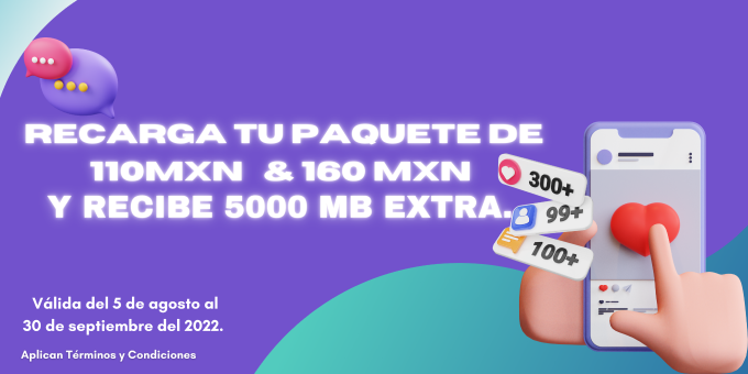 Recarga tu paquete de 5000 MB y 8000 MB y obtén 5000 MB de regalo.